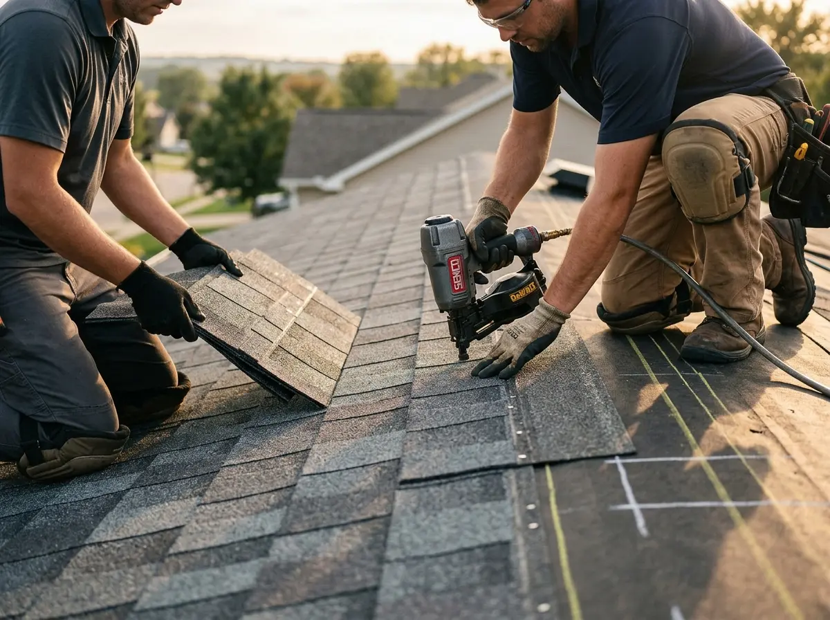 Professional roofer working on a residential roof in Ellington